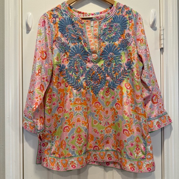 Gretchen Scott Silk Hand Embroidered Tunic Watteau Women’s L  Boho Colorful Top - Picture 3 of 10